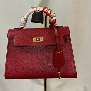Red Kelly Style Top Handle Structured Satchel with Turn Lock and Key #valentines